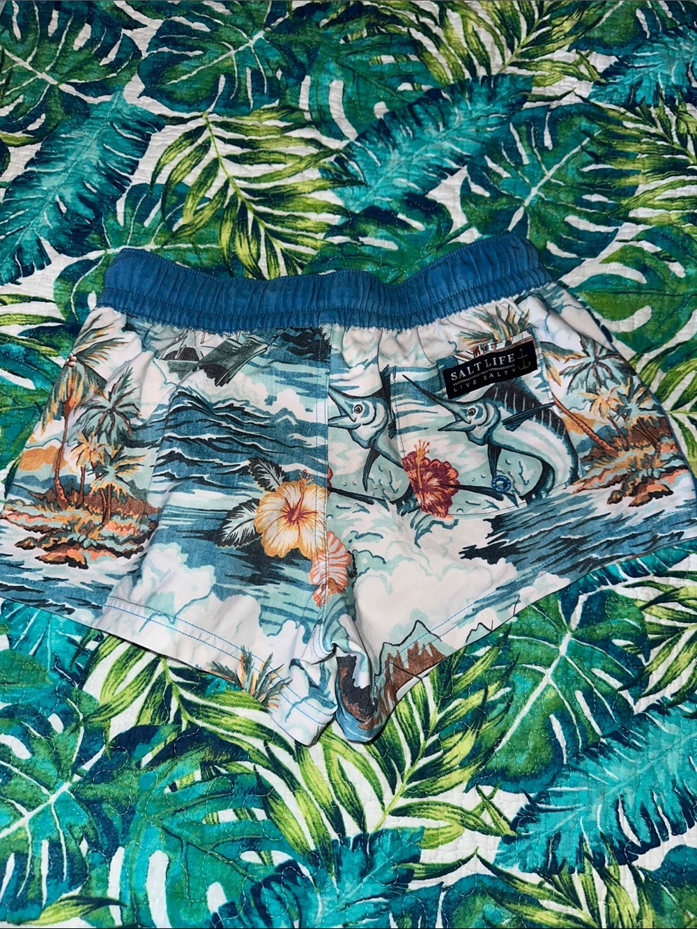 Salt Life Tropical Hibiscus Swim Boat Shorts - Blue & Orange - Picture 3 of 4